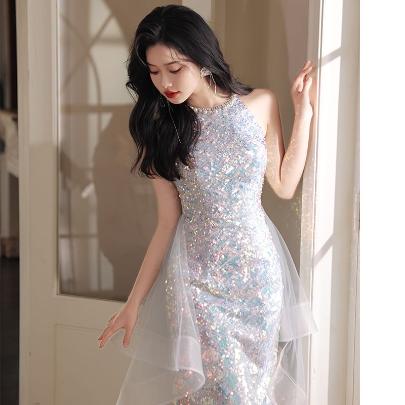 (Various A-Line Neck Designs) Evening Gown Halter Sequined FashionChic