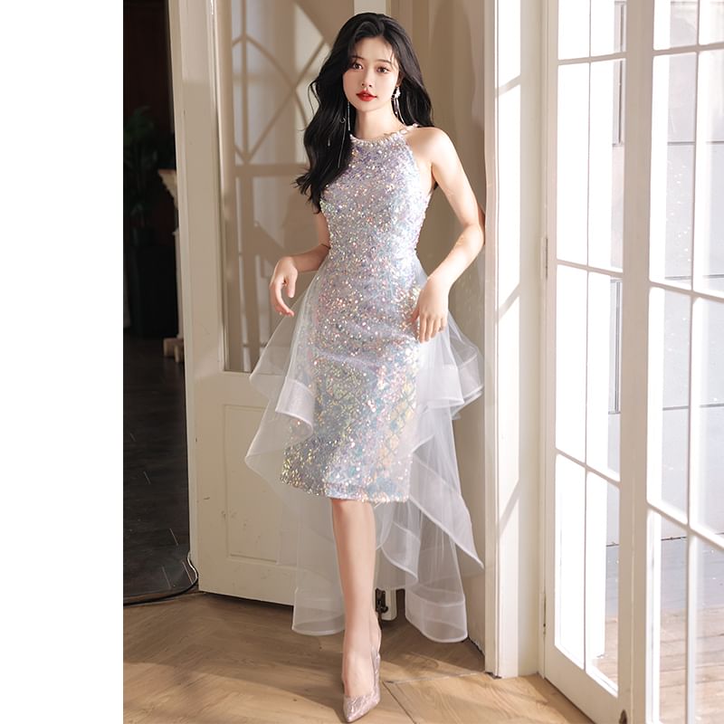 (Various A-Line Neck Designs) Evening Gown Halter Sequined FashionChic