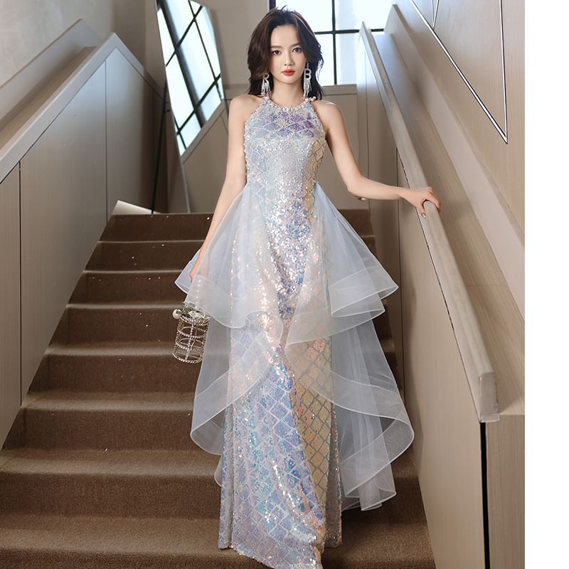 (Various A-Line Neck Designs) Evening Gown Halter Sequined FashionChic