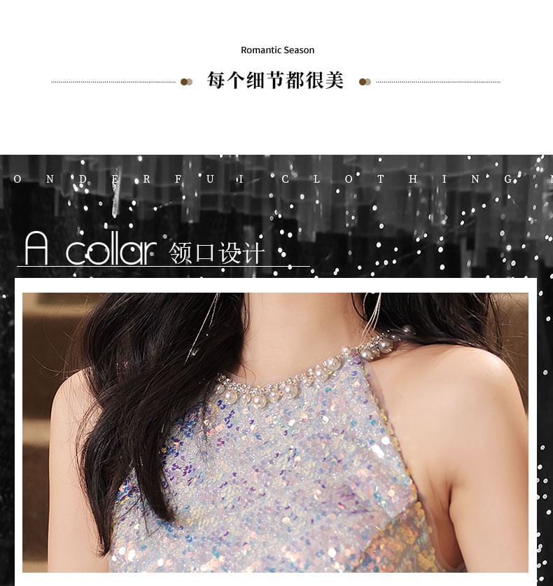 (Various A-Line Neck Designs) Evening Gown Halter Sequined FashionChic