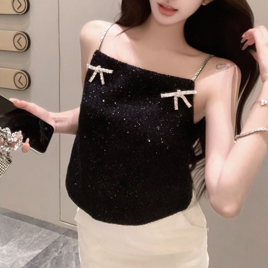 Bow Rhinestone Cami Glitter Top FashionChic