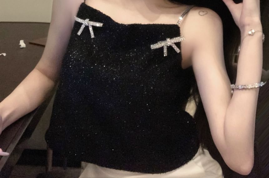 Bow Rhinestone Cami Glitter Top FashionChic