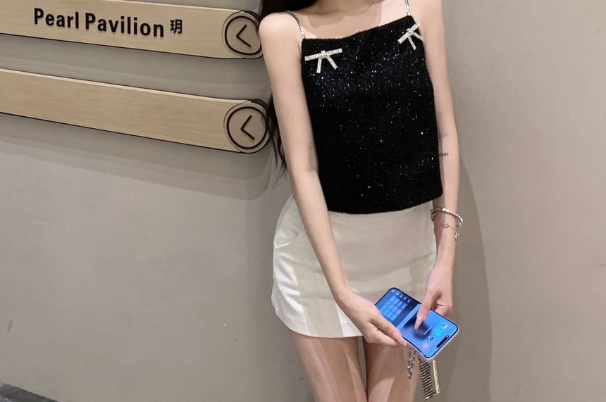 Bow Rhinestone Cami Glitter Top FashionChic