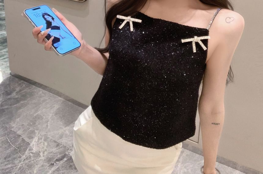 Bow Rhinestone Cami Glitter Top FashionChic
