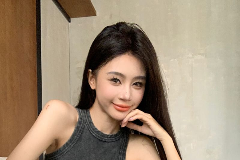 Tank Crew Drawstring Leg Wide Washed / Plain Neck Pants Waist Top FashionChic