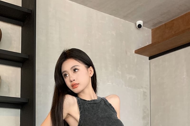 Tank Crew Drawstring Leg Wide Washed / Plain Neck Pants Waist Top FashionChic