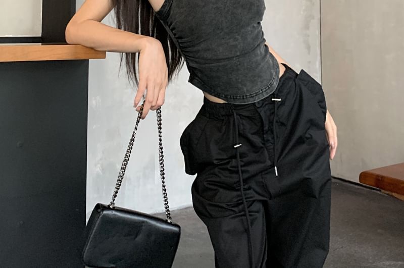 Tank Crew Drawstring Leg Wide Washed / Plain Neck Pants Waist Top FashionChic