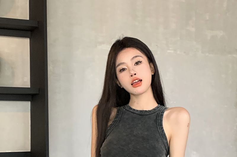 Tank Crew Drawstring Leg Wide Washed / Plain Neck Pants Waist Top FashionChic