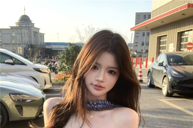 Tube Plain / Rise Plaid Mid Frill Top Bustier Leg Pants Suit Wide FashionChic