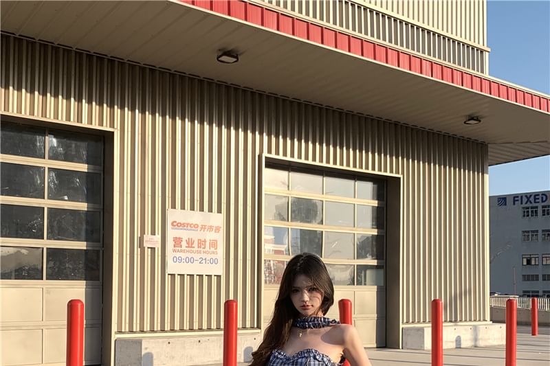 Tube Plain / Rise Plaid Mid Frill Top Bustier Leg Pants Suit Wide FashionChic