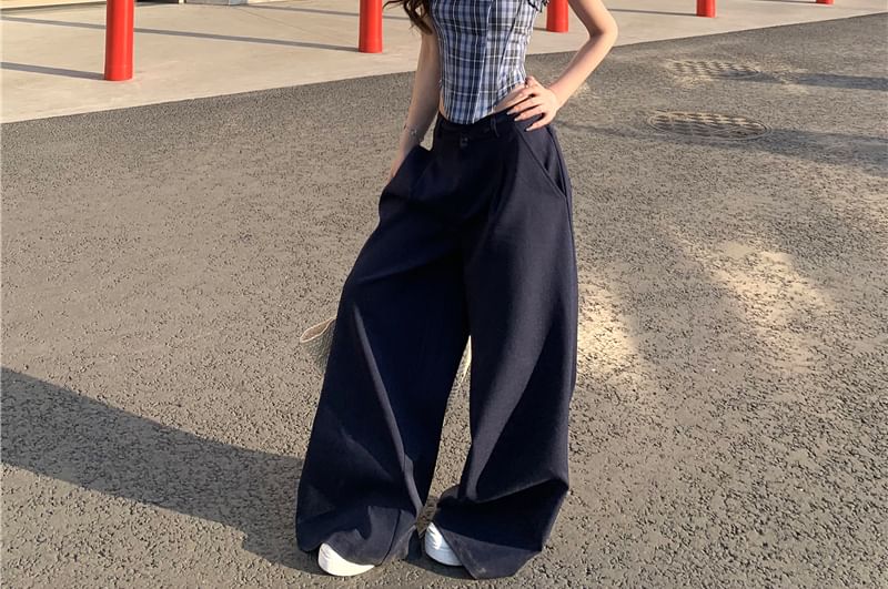 Tube Plain / Rise Plaid Mid Frill Top Bustier Leg Pants Suit Wide FashionChic