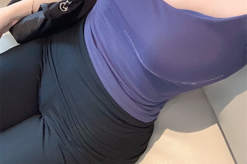 Top Flared Plain / Camisole Rhinestone Padded Rise Mid Pants FashionChic