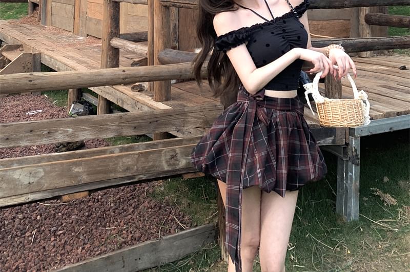 / High Dotted Plaid Balloon Rise Mini Cami Skirt Frill Top A-Line FashionChic