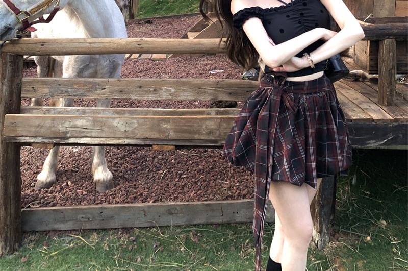 / High Dotted Plaid Balloon Rise Mini Cami Skirt Frill Top A-Line FashionChic