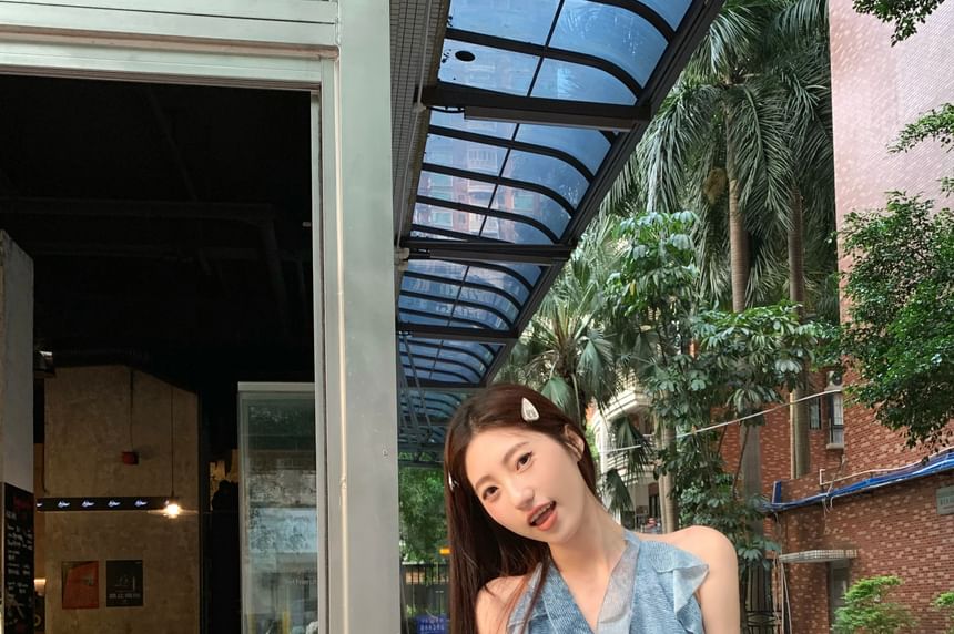 Ruffle Plain Leg Patterned Halter High Print Wide Cargo Top Pants / Waist FashionChic