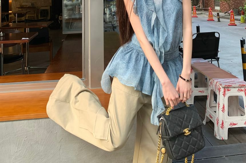 Ruffle Plain Leg Patterned Halter High Print Wide Cargo Top Pants / Waist FashionChic