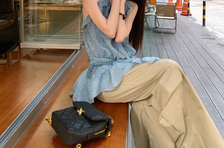 Ruffle Plain Leg Patterned Halter High Print Wide Cargo Top Pants / Waist FashionChic