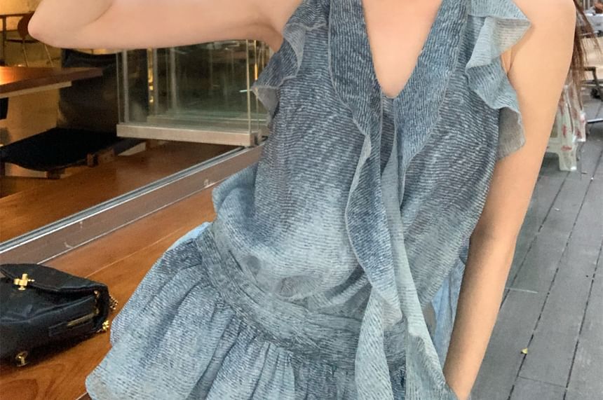 Ruffle Plain Leg Patterned Halter High Print Wide Cargo Top Pants / Waist FashionChic