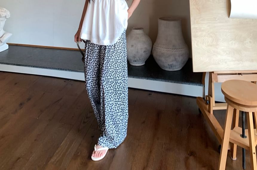 Pants / Camisole Floral High Plain Notch Wide Neck Leg Print Top Waist FashionChic