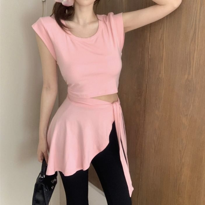 Sleeve Crew Cap Asymmetrical Plain Waist Flared / Pants Neck T-Shirt Mock Piece High Two FashionChic