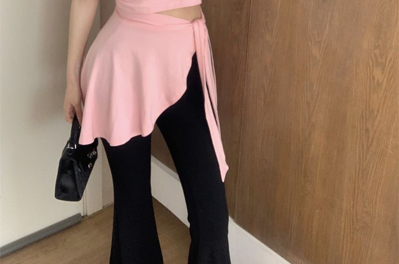 Sleeve Crew Cap Asymmetrical Plain Waist Flared / Pants Neck T-Shirt Mock Piece High Two FashionChic