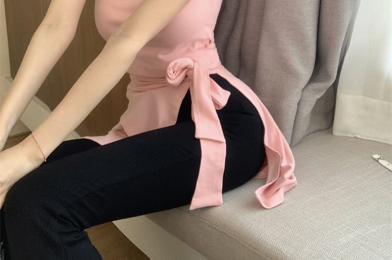 Sleeve Crew Cap Asymmetrical Plain Waist Flared / Pants Neck T-Shirt Mock Piece High Two FashionChic