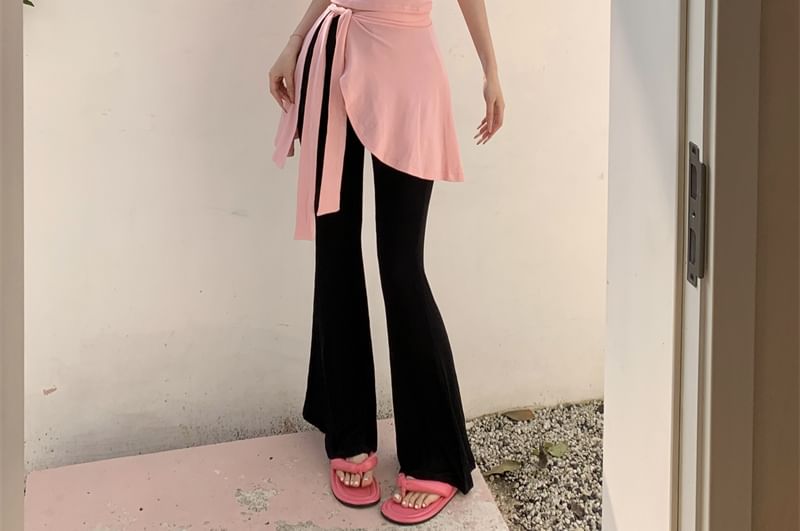 Sleeve Crew Cap Asymmetrical Plain Waist Flared / Pants Neck T-Shirt Mock Piece High Two FashionChic