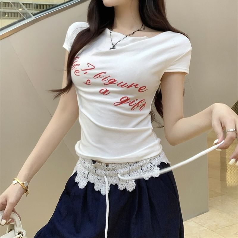 Lettering Lace Waistband Short-Sleeve Pants Leg Wide / T-Shirt FashionChic