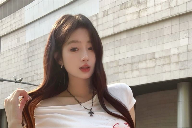 Lettering Lace Waistband Short-Sleeve Pants Leg Wide / T-Shirt FashionChic