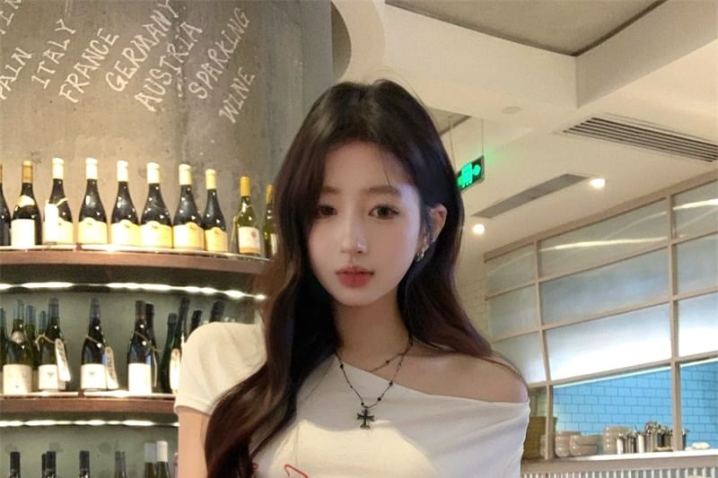 Lettering Lace Waistband Short-Sleeve Pants Leg Wide / T-Shirt FashionChic