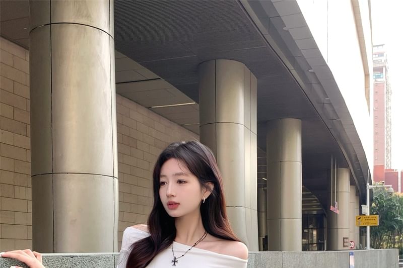 Lettering Lace Waistband Short-Sleeve Pants Leg Wide / T-Shirt FashionChic