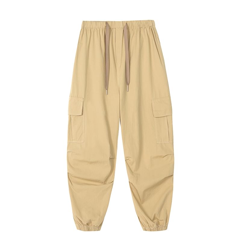Harem Cargo Pants Drawstring Cropped Plain Waist FashionChic