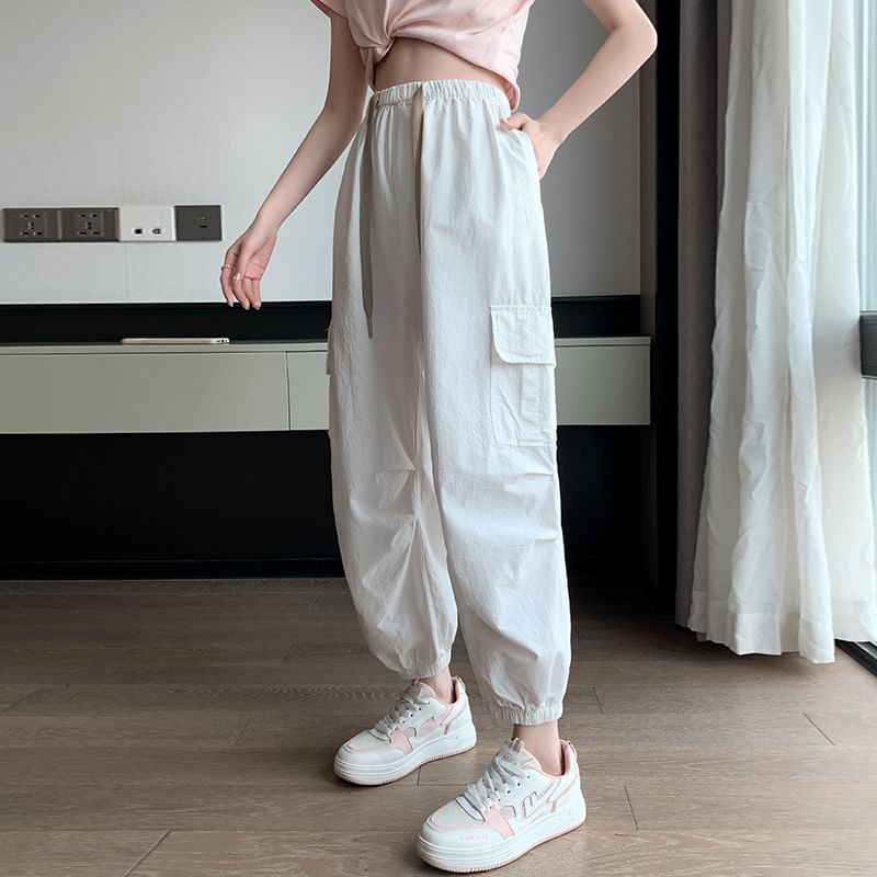 Harem Cargo Pants Drawstring Cropped Plain Waist FashionChic