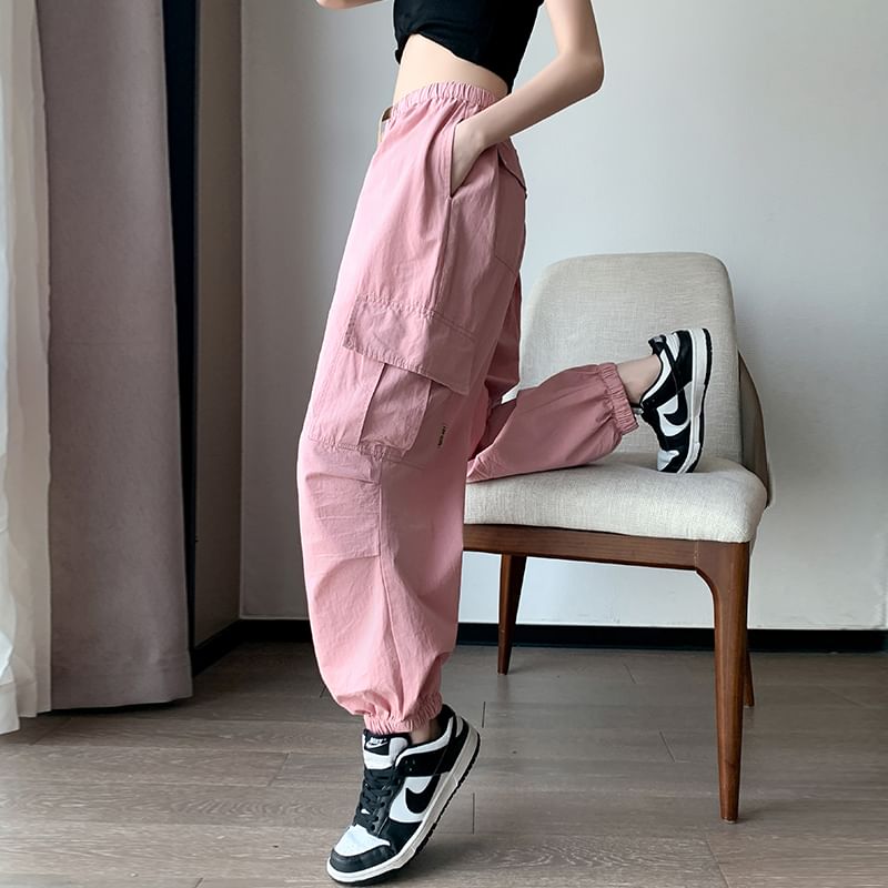 Harem Cargo Pants Drawstring Cropped Plain Waist FashionChic