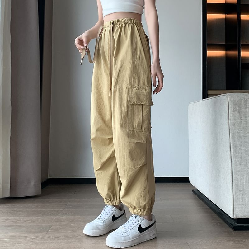 Harem Cargo Pants Drawstring Cropped Plain Waist FashionChic