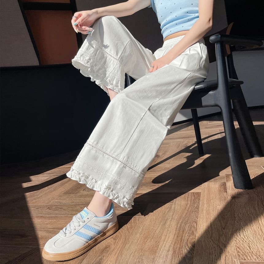 Pants Leg High Cropped Rise Trim Wide Lace Panel Frill Plain FashionChic