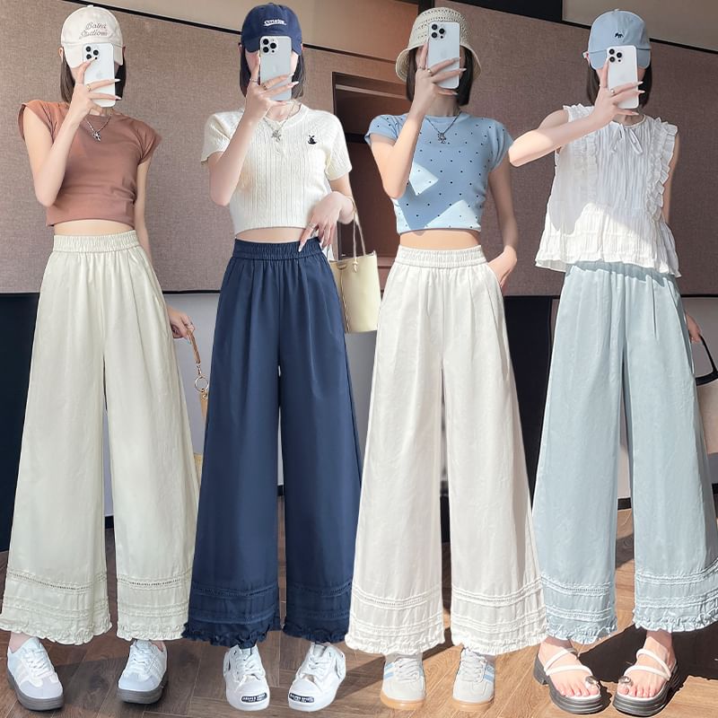Pants Leg High Cropped Rise Trim Wide Lace Panel Frill Plain FashionChic
