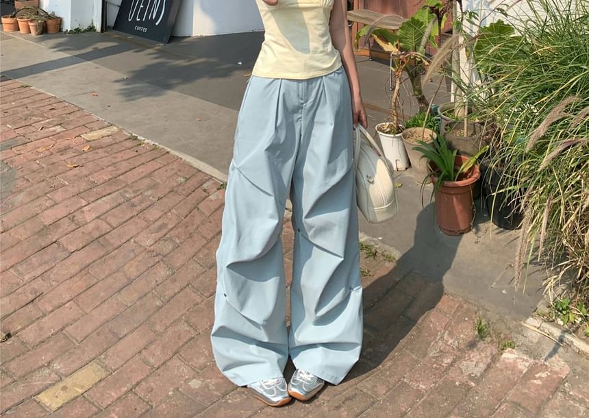 Mid Ruched Waist Leg Wide Pants Plain FashionChic
