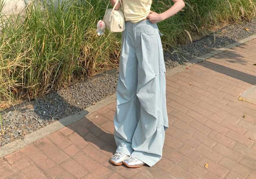 Mid Ruched Waist Leg Wide Pants Plain FashionChic