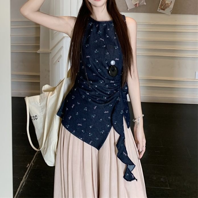 Pants Plain Floral / Rise Leg High Asymmetrical Tank Wide Top FashionChic