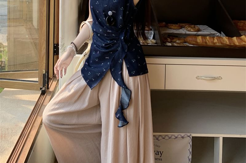 Pants Plain Floral / Rise Leg High Asymmetrical Tank Wide Top FashionChic