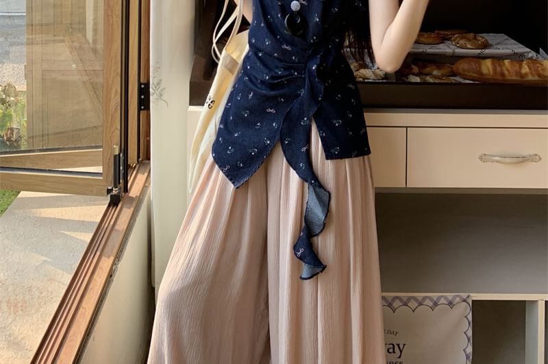 Pants Plain Floral / Rise Leg High Asymmetrical Tank Wide Top FashionChic