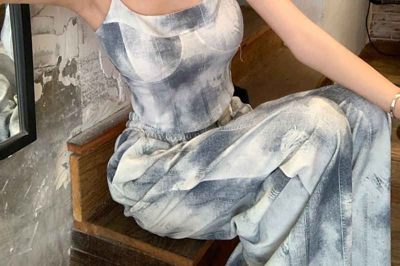 Leg Tie Scoop Dye Top Waist / Cropped Drawstring Pants Wide Neck Camisole FashionChic