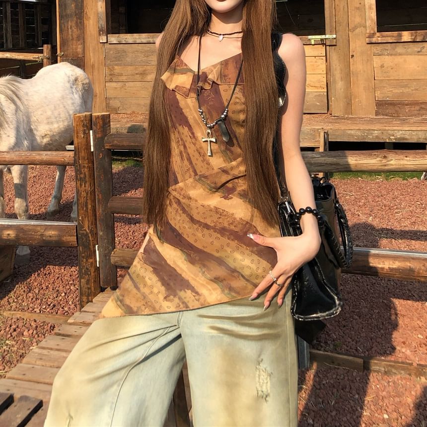 Ruffled Asymmetrical Top Printed Camisole FashionChic