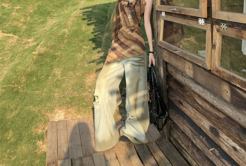 Ruffled Asymmetrical Top Printed Camisole FashionChic