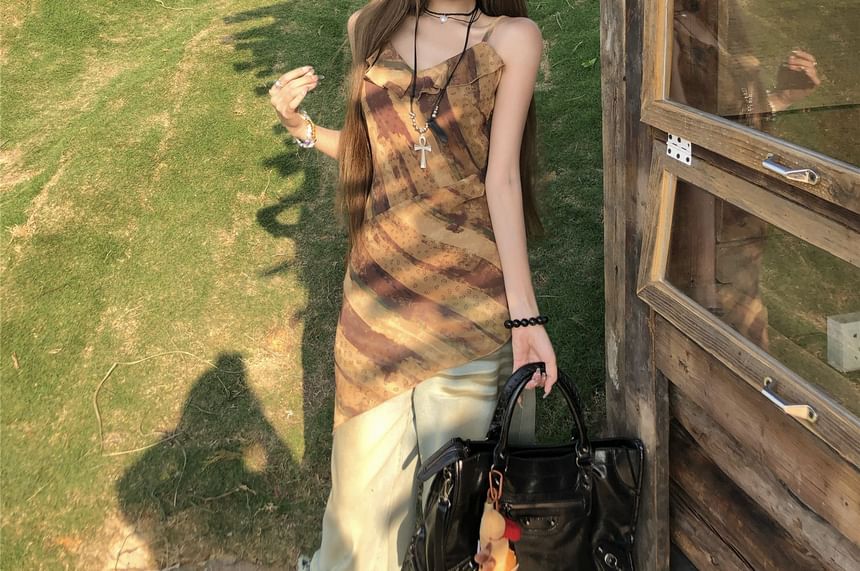 Ruffled Asymmetrical Top Printed Camisole FashionChic