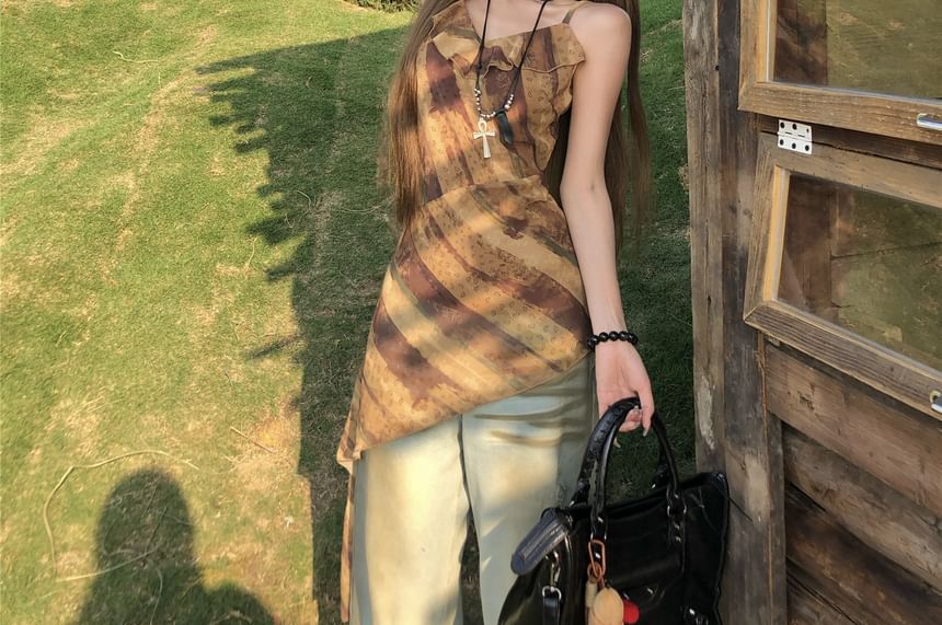 Ruffled Asymmetrical Top Printed Camisole FashionChic