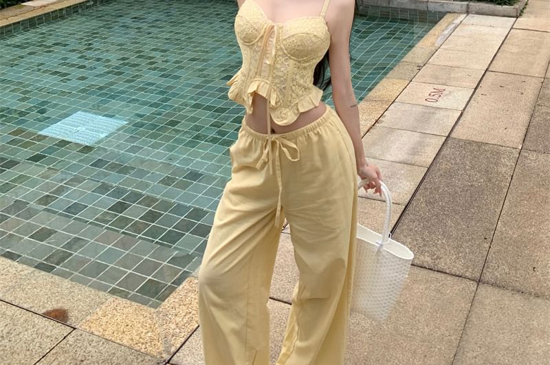 Camisole Plain Top Ruffled Leg Crop / Waist Mid Wide Shirred Pants FashionChic