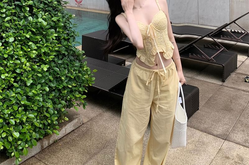 Camisole Plain Top Ruffled Leg Crop / Waist Mid Wide Shirred Pants FashionChic