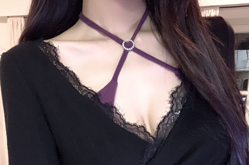 + Long-Sleeve Set: V-Neck Top Lace Halter-Neck Tee Crop Trim FashionChic